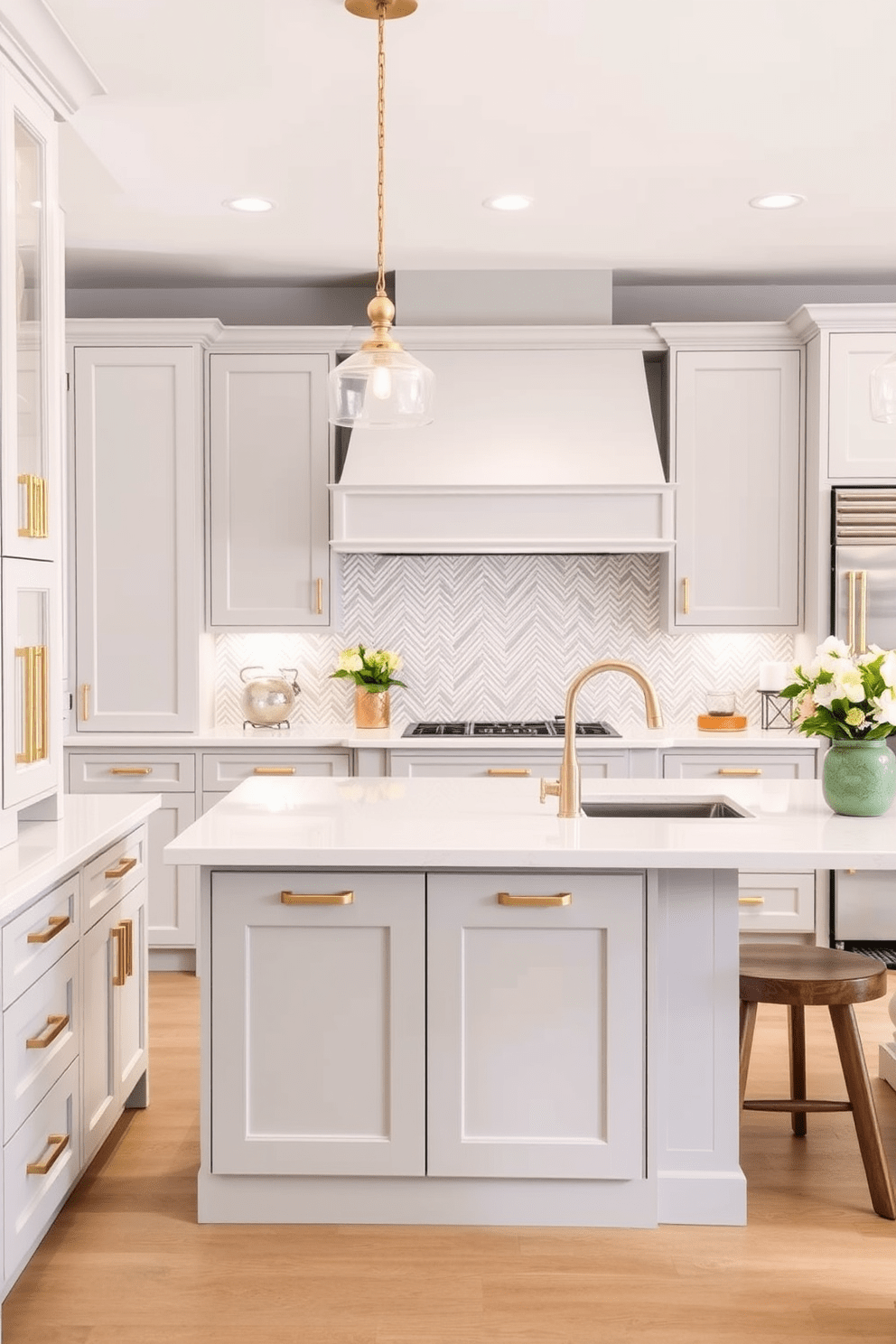 Light gray cabinets paired with brass hardware create a modern and elegant kitchen atmosphere. The countertops are a sleek white quartz, and the backsplash features a subtle herringbone pattern in light gray and white. A large island with bar seating is centered in the room, providing both functionality and style. Pendant lights with brass accents hang above the island, adding warmth to the overall design.