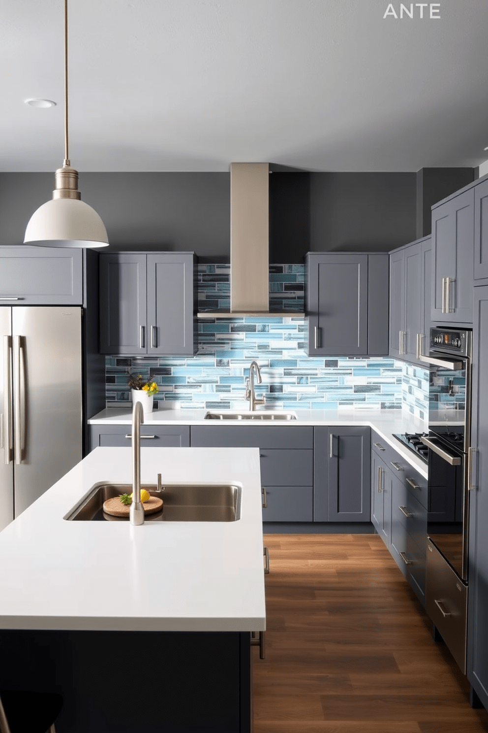 A contemporary kitchen featuring charcoal gray walls that create a striking backdrop. The space is accented by a bright backsplash that adds a pop of color and liveliness to the overall design. The kitchen includes sleek gray cabinets with modern hardware and a spacious island in the center. Stainless steel appliances complement the design, while pendant lights hang above the island, providing both style and functionality.