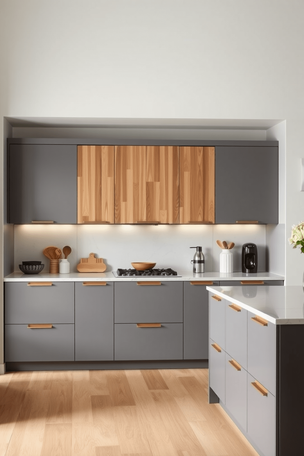 A contemporary kitchen featuring two-tone gray cabinets with natural wood accents. The cabinets are sleek and modern, complemented by a large island that serves as a focal point for the space.