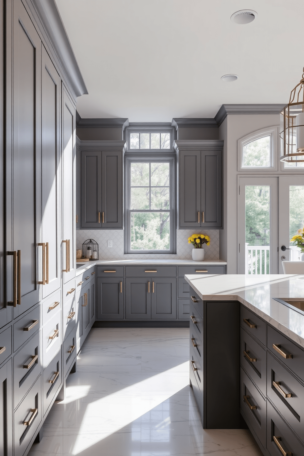 Elegant gray cabinetry with a marble island creates a stunning focal point in the kitchen. The cabinetry features sleek hardware and soft-close drawers, offering both beauty and functionality. Natural light floods the space through large windows, highlighting the subtle veining of the marble. A stylish pendant light hangs above the island, adding a touch of sophistication to the overall design.