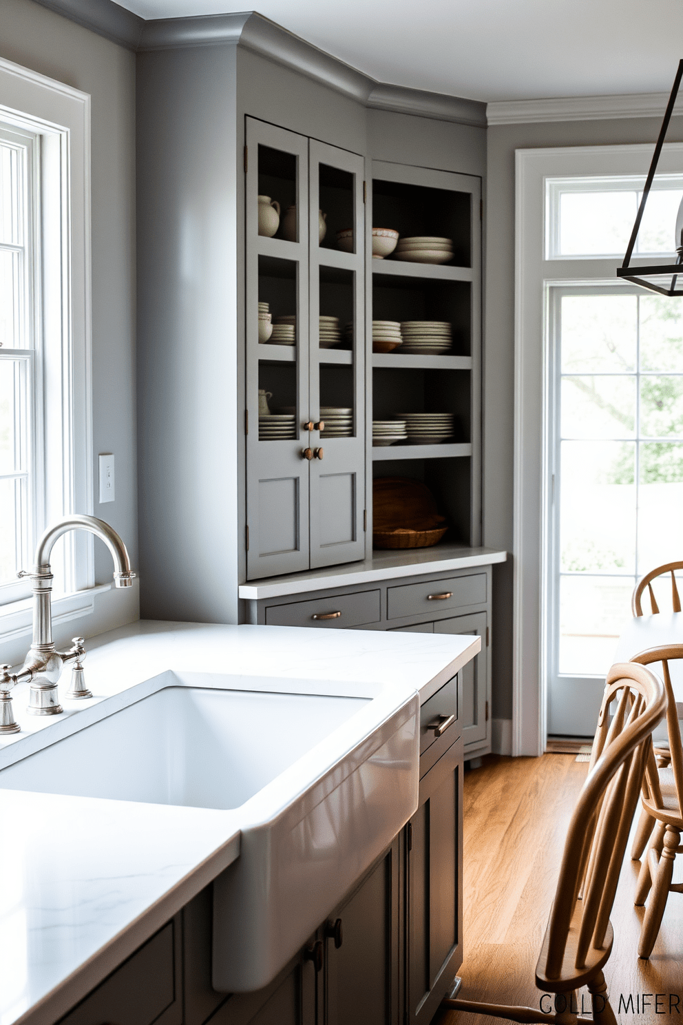 A cozy gray kitchen featuring a farmhouse sink with a vintage-style faucet. The cabinetry is a soft gray with brushed nickel hardware, and the countertops are a light marble with subtle veining. Open shelving displays rustic dishware, while a large window lets in natural light, illuminating the space. A wooden dining table with mismatched chairs sits adjacent to the kitchen, enhancing the farmhouse charm.