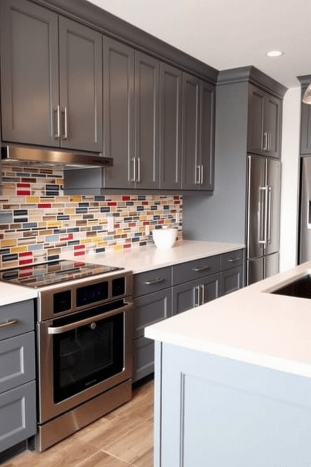 A modern kitchen featuring gray cabinets that provide a sleek and sophisticated look. The colorful tile backsplash adds a vibrant contrast, creating an inviting focal point in the space. The countertops are made of white quartz, complementing the gray cabinetry beautifully. Stainless steel appliances are seamlessly integrated, enhancing the contemporary aesthetic of the kitchen.