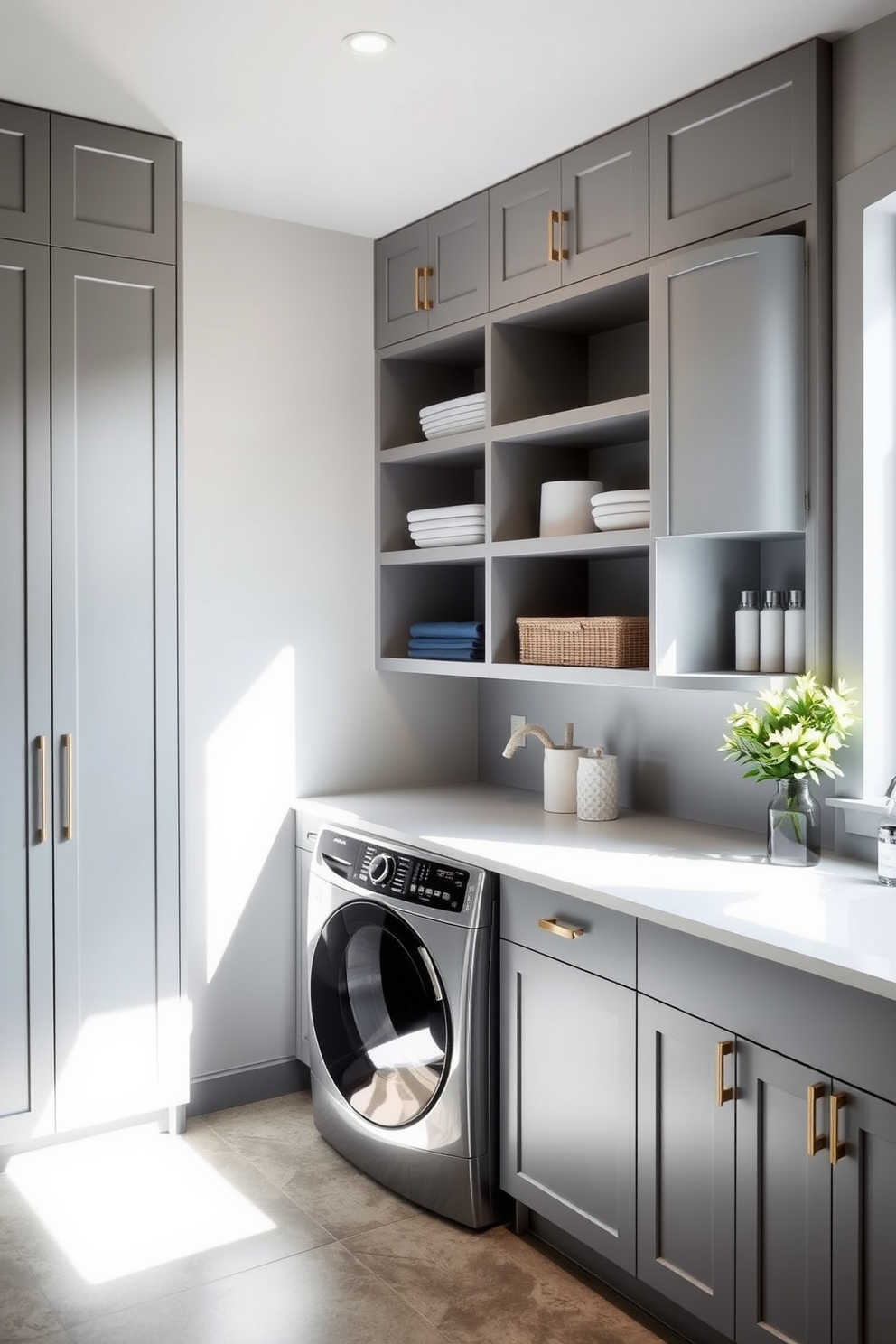 A modern gray laundry room features sleek cabinetry with clean lines and open shelving for easy access to essentials. The space is brightened by natural light streaming in through a large window, accentuating the minimalist design and functionality.