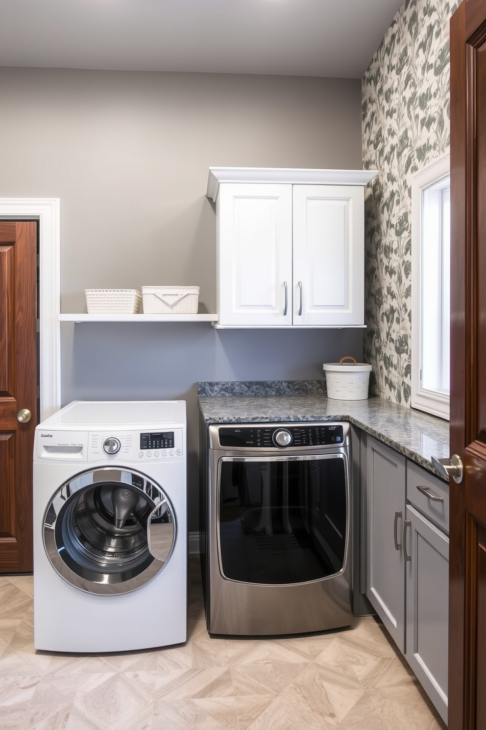 Accent wall with bold wallpaper. The laundry room features a sleek gray color palette with modern appliances and ample storage solutions.