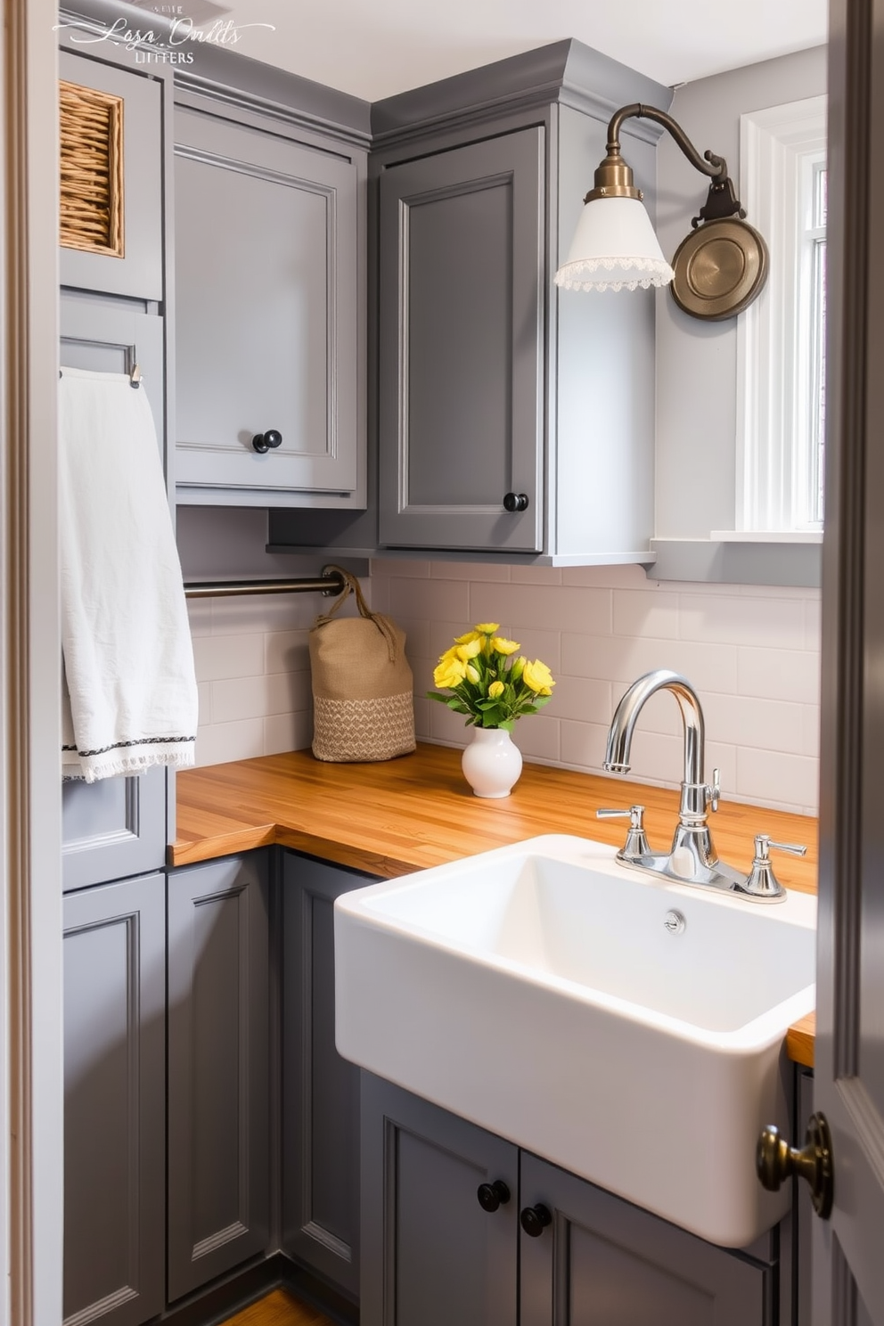 A gray laundry room featuring vintage-inspired fixtures that add a charming touch. The space includes a farmhouse sink with a polished chrome faucet and a wooden countertop that complements the gray cabinetry.