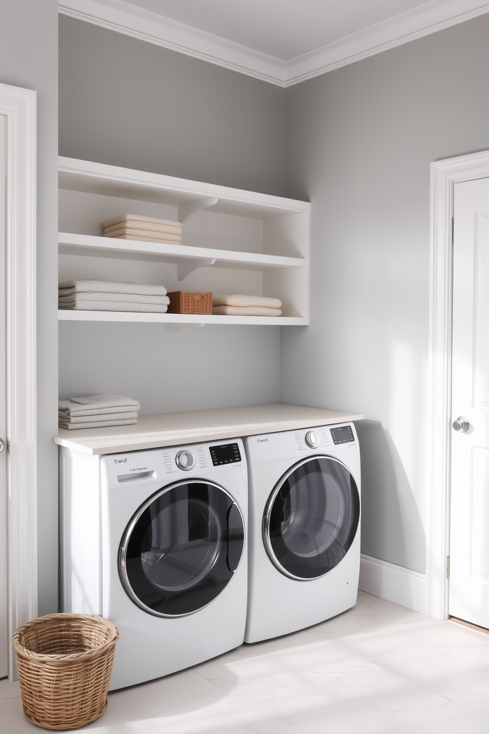 A serene laundry room featuring soft gray walls complemented by crisp white trim. The space includes a modern washer and dryer set with a sleek countertop for folding clothes, and open shelving above for storage and display.