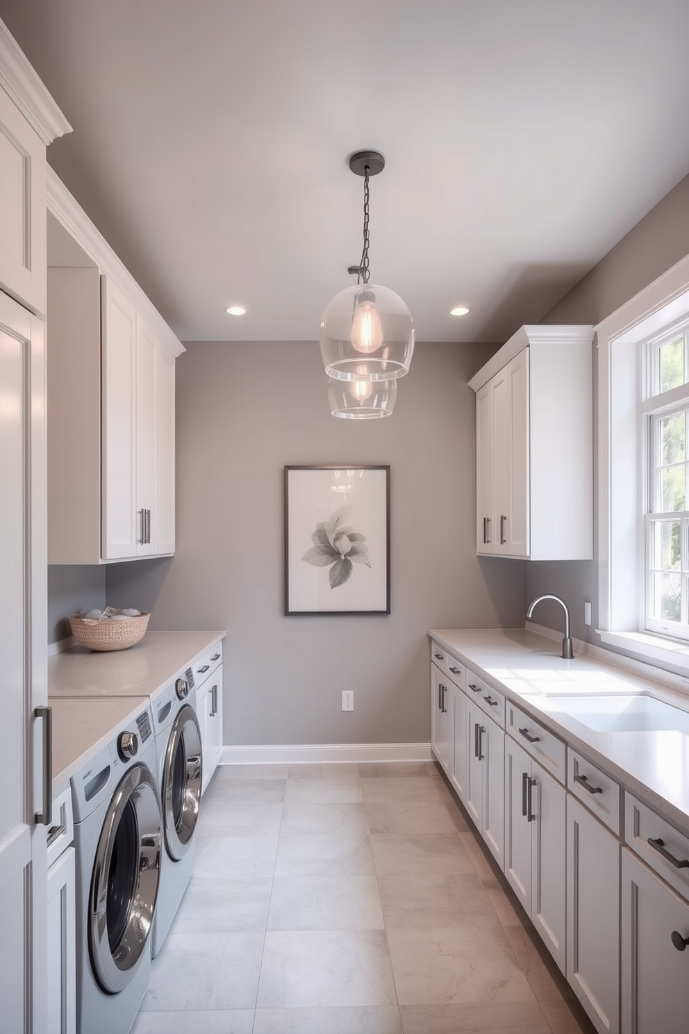 A bright and airy laundry room featuring spacious layouts. The walls are painted in a soft gray tone, complemented by sleek white cabinetry and ample counter space for folding clothes. Modern pendant lighting fixtures hang elegantly from the ceiling, illuminating the entire space. A large window allows natural light to flood in, enhancing the room's open and inviting atmosphere.