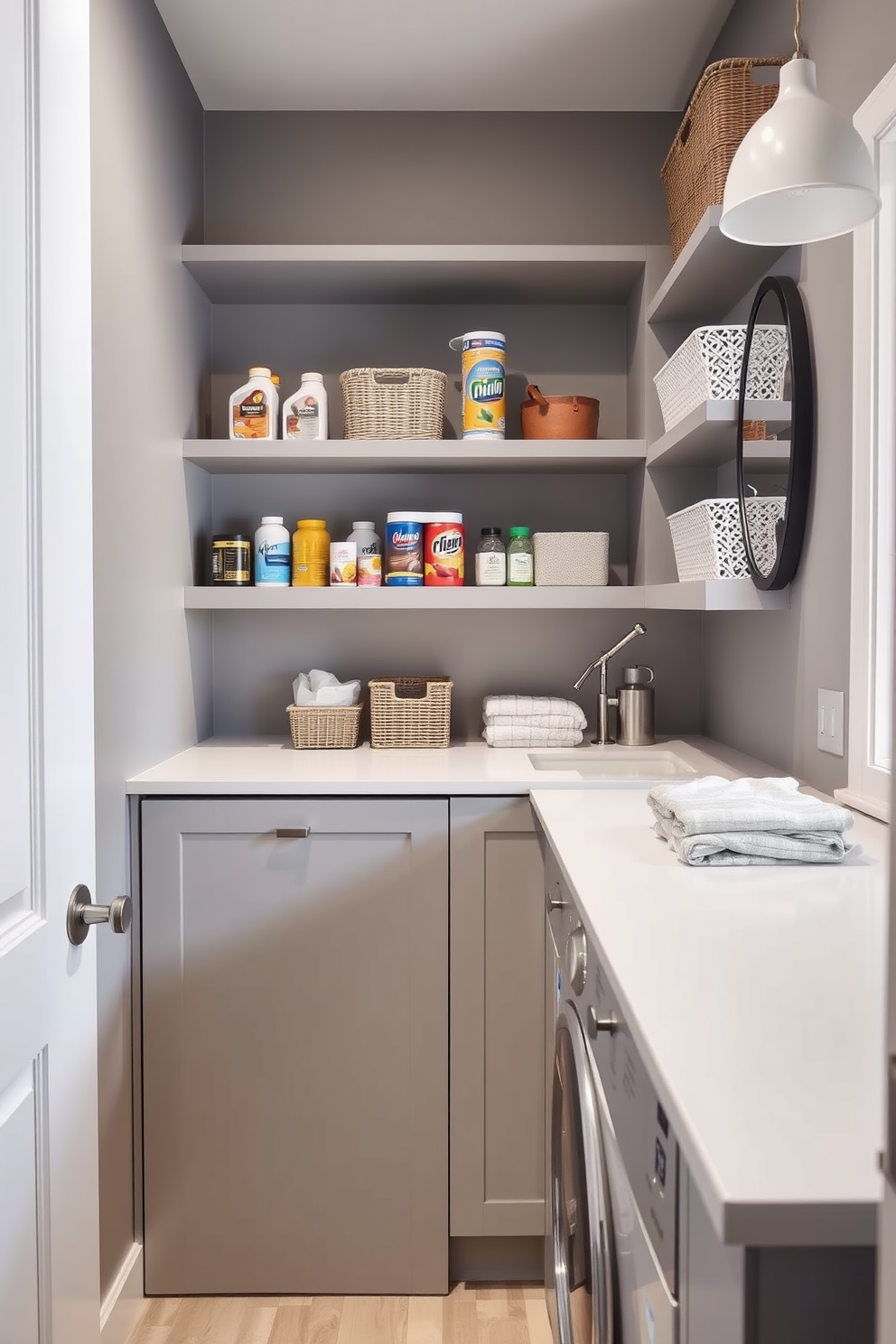 A modern laundry room featuring open shelves for easy access to supplies. The walls are painted in a soft gray hue, complemented by sleek cabinetry and a spacious countertop for folding clothes.