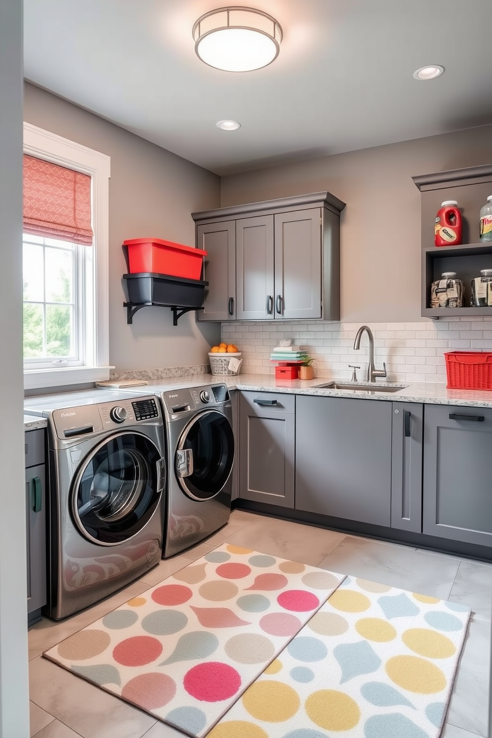 A stylish laundry room featuring a neutral gray palette complemented by colorful accents. The walls are painted in a soft gray, while vibrant storage bins and a cheerful rug add pops of color to the space. The laundry machines are sleek and modern, set against a backdrop of gray cabinetry. A large window allows natural light to flood the room, enhancing the bright and inviting atmosphere.