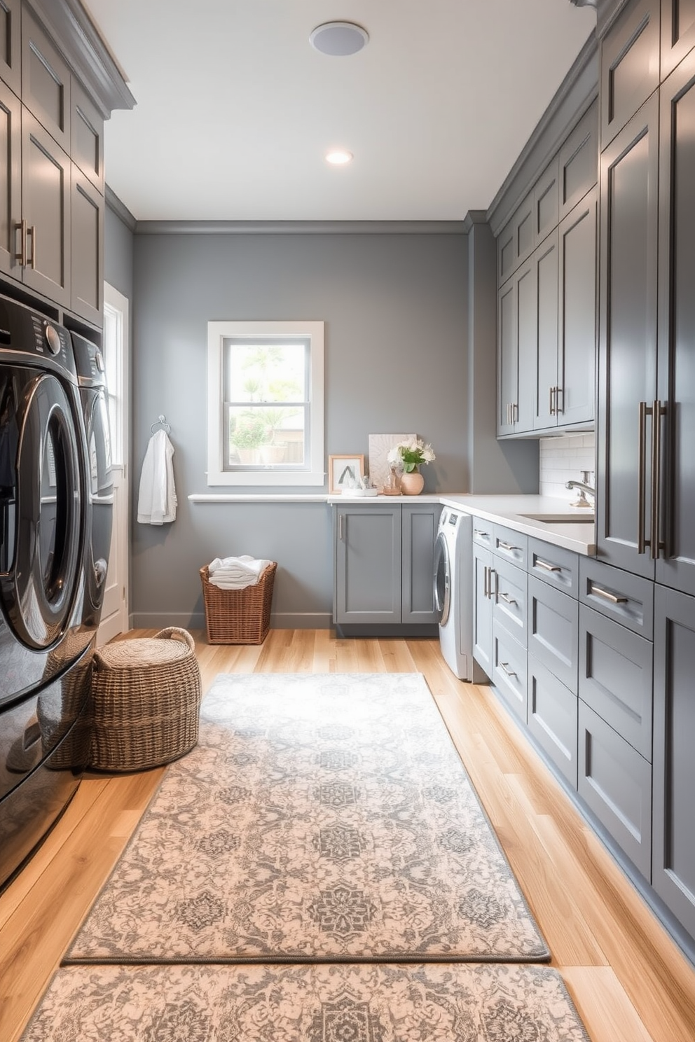 A stylish area rug adds warmth and texture to the gray laundry room. The rug features a geometric pattern in soft neutrals that complement the gray walls and cabinetry. Incorporate functional storage solutions with sleek cabinets that blend seamlessly into the design. A large countertop provides ample space for folding laundry, enhancing the room's efficiency and style.