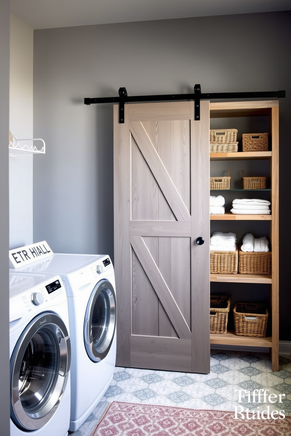 A charming gray laundry room features a sliding barn door that adds rustic appeal. The space is accented with open shelving made of reclaimed wood, showcasing neatly folded towels and decorative baskets.