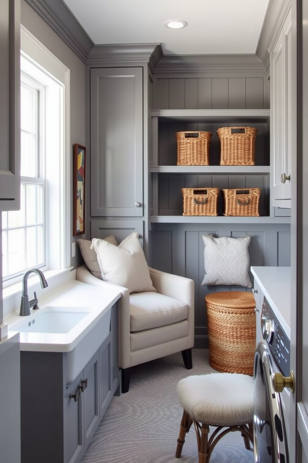 A charming laundry room nook featuring a cozy seating area. The space is designed with gray cabinetry and a soft gray color palette, creating a serene atmosphere. A comfortable armchair is positioned near a window, adorned with plush cushions. The countertop is made of white quartz, and decorative baskets are neatly arranged on shelves for storage.