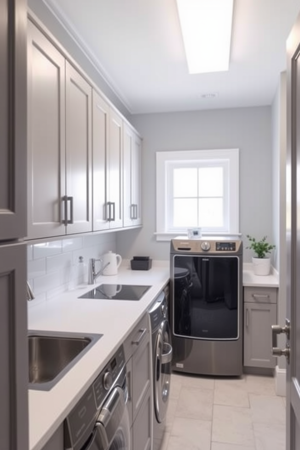 A stylish laundry room featuring a gray and white color scheme. The cabinetry is a soft gray with sleek white countertops, complemented by stainless steel appliances for a modern touch. The walls are painted in a light gray hue, creating a serene atmosphere. A large window allows natural light to flood the space, highlighting the white subway tile backsplash.