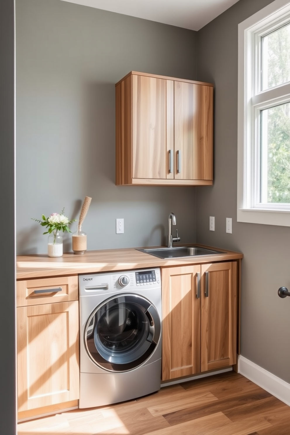 A stylish laundry room featuring eco-friendly materials. The walls are painted in a soft gray hue, and the cabinetry is made from reclaimed wood with a natural finish. Energy-efficient appliances are seamlessly integrated into the design, with a sleek countertop made from recycled materials. A large window allows natural light to flood the space, highlighting the sustainable choices throughout.