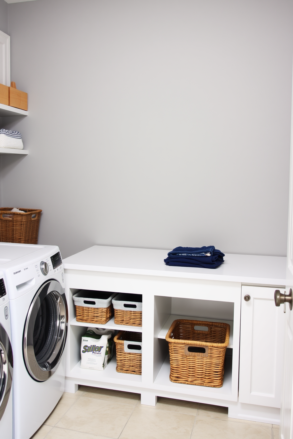 A functional folding table is positioned against the wall in a gray laundry room, providing ample space for sorting and folding clothes. Underneath the table, there is built-in storage featuring baskets and shelves to keep laundry essentials organized and easily accessible.