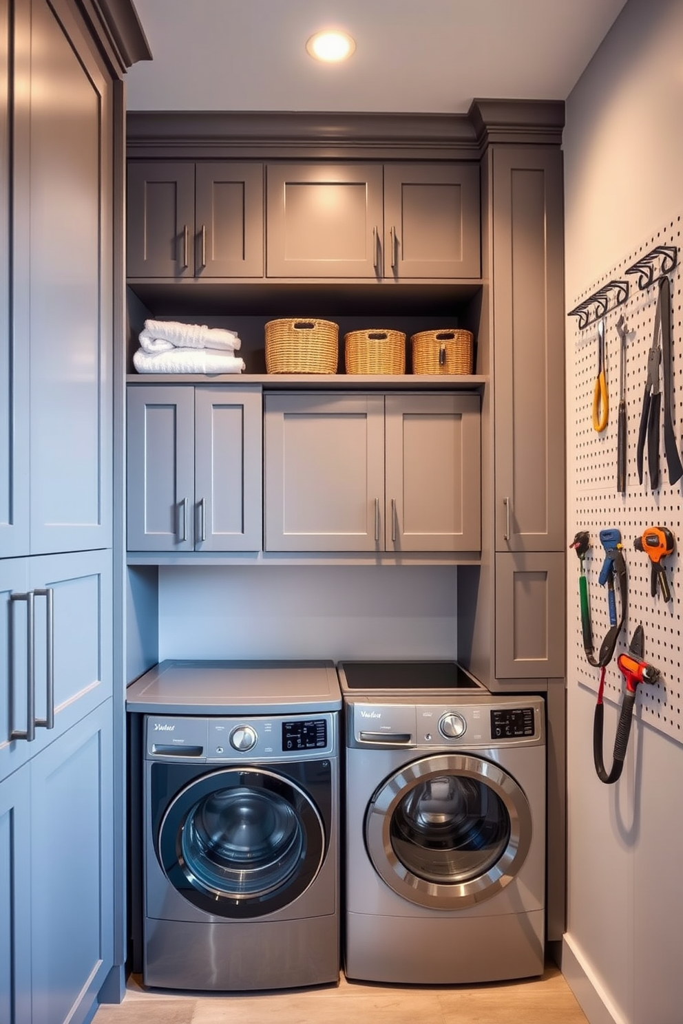 A modern laundry room featuring creative vertical storage solutions. The walls are lined with sleek gray cabinetry that extends to the ceiling, maximizing storage while maintaining a clean aesthetic. Open shelving is incorporated above the washer and dryer, displaying neatly folded towels and decorative baskets. A stylish pegboard is mounted on one wall, providing an organized space for hanging tools and accessories.