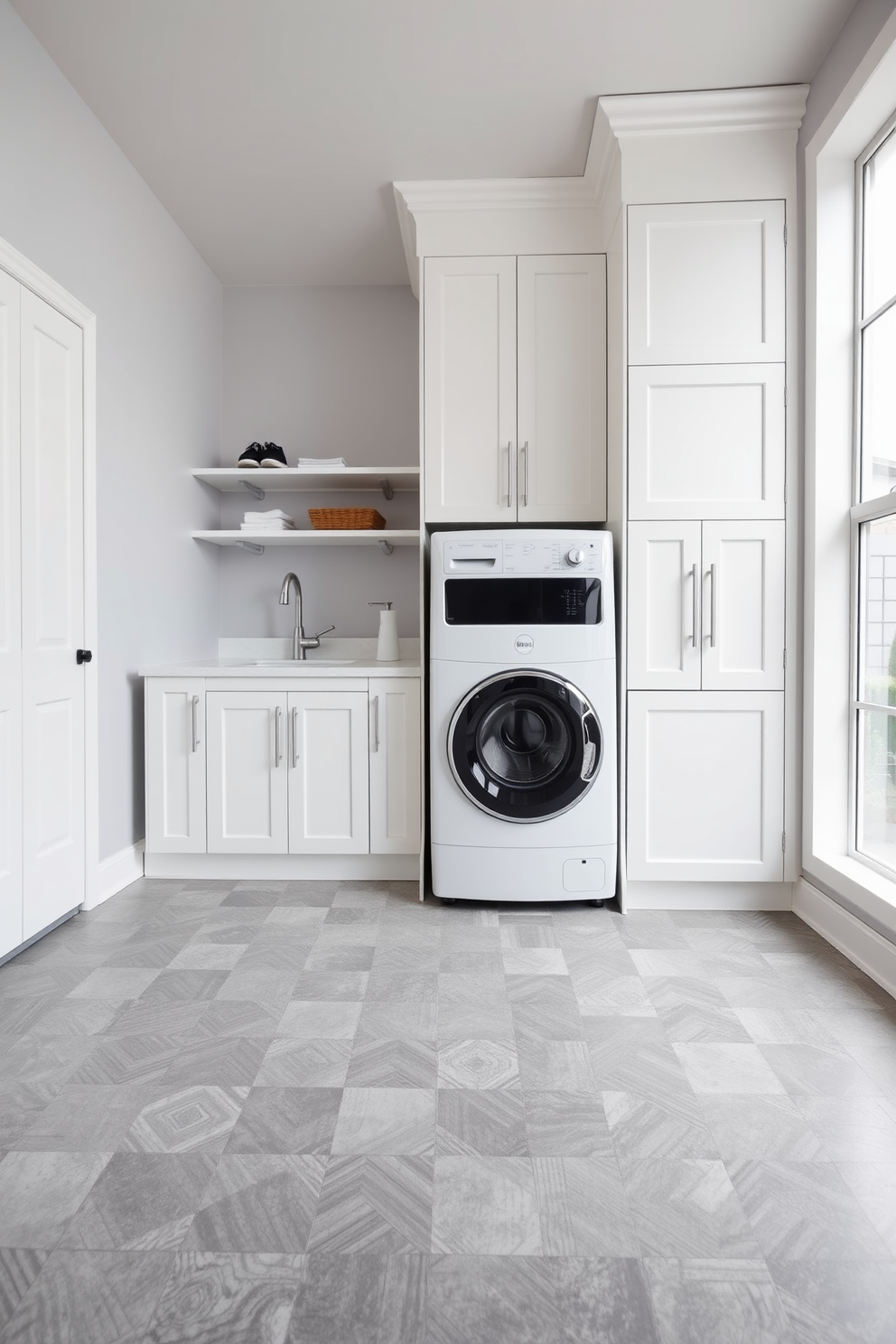 A modern laundry room featuring gray tile flooring adorned with geometric patterns. The space is bright and functional, with sleek white cabinetry and a large utility sink.