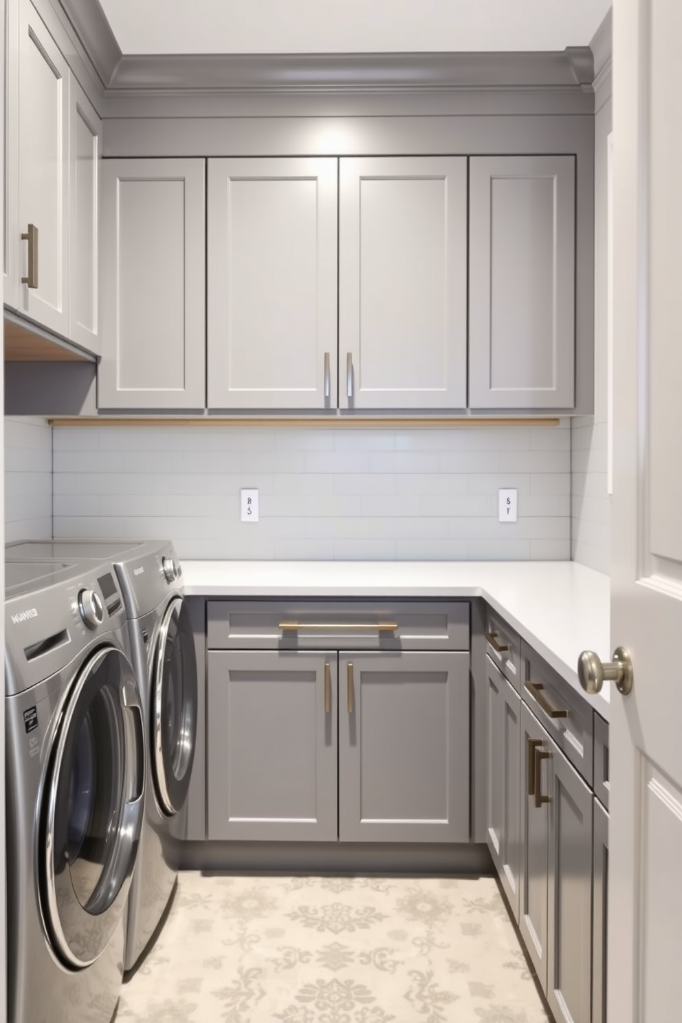 A stylish laundry room featuring gray beadboard wainscoting that adds texture and depth to the space. The room is equipped with sleek gray cabinets and a spacious countertop for folding clothes, complemented by a modern washing machine and dryer set.