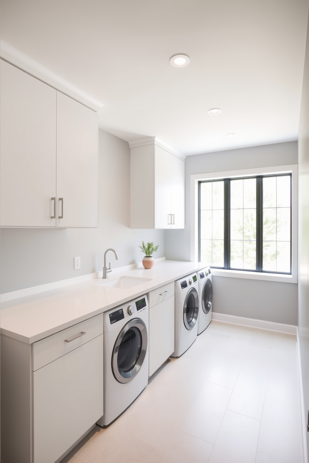 A minimalist laundry room featuring clean lines and a streamlined layout. The walls are painted in a soft gray tone, complemented by sleek cabinetry that provides ample storage without clutter. A large white countertop extends seamlessly over the appliances, creating a functional workspace. Natural light floods the space through a large window, enhancing the airy and open feel of the room.