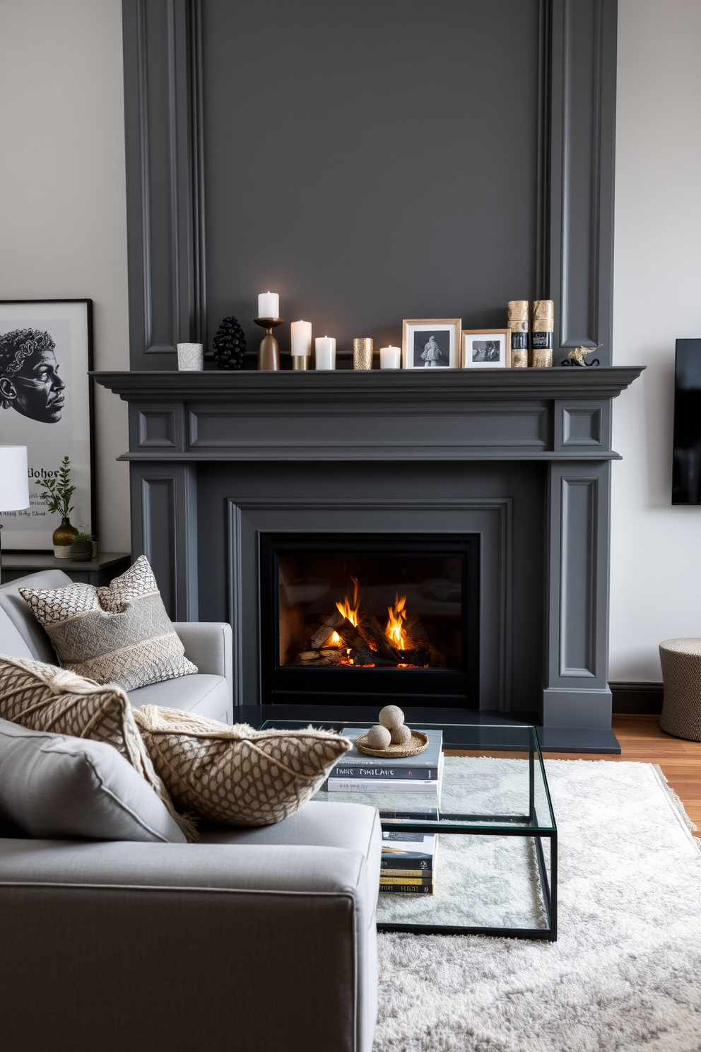 A stylish gray living room featuring a prominent gray fireplace mantel adorned with decorative items such as candles and framed photos. The seating area includes a plush sectional sofa in soft fabrics, complemented by textured throw pillows and a cozy area rug beneath a glass coffee table.