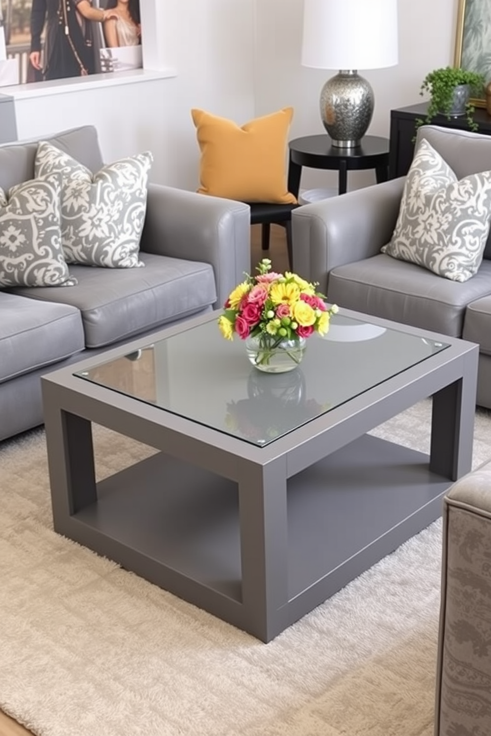 A modern gray coffee table with a sleek glass top sits at the center of a stylish living room. Surrounding the table are plush gray sofas adorned with colorful throw pillows, creating a cozy yet sophisticated atmosphere.