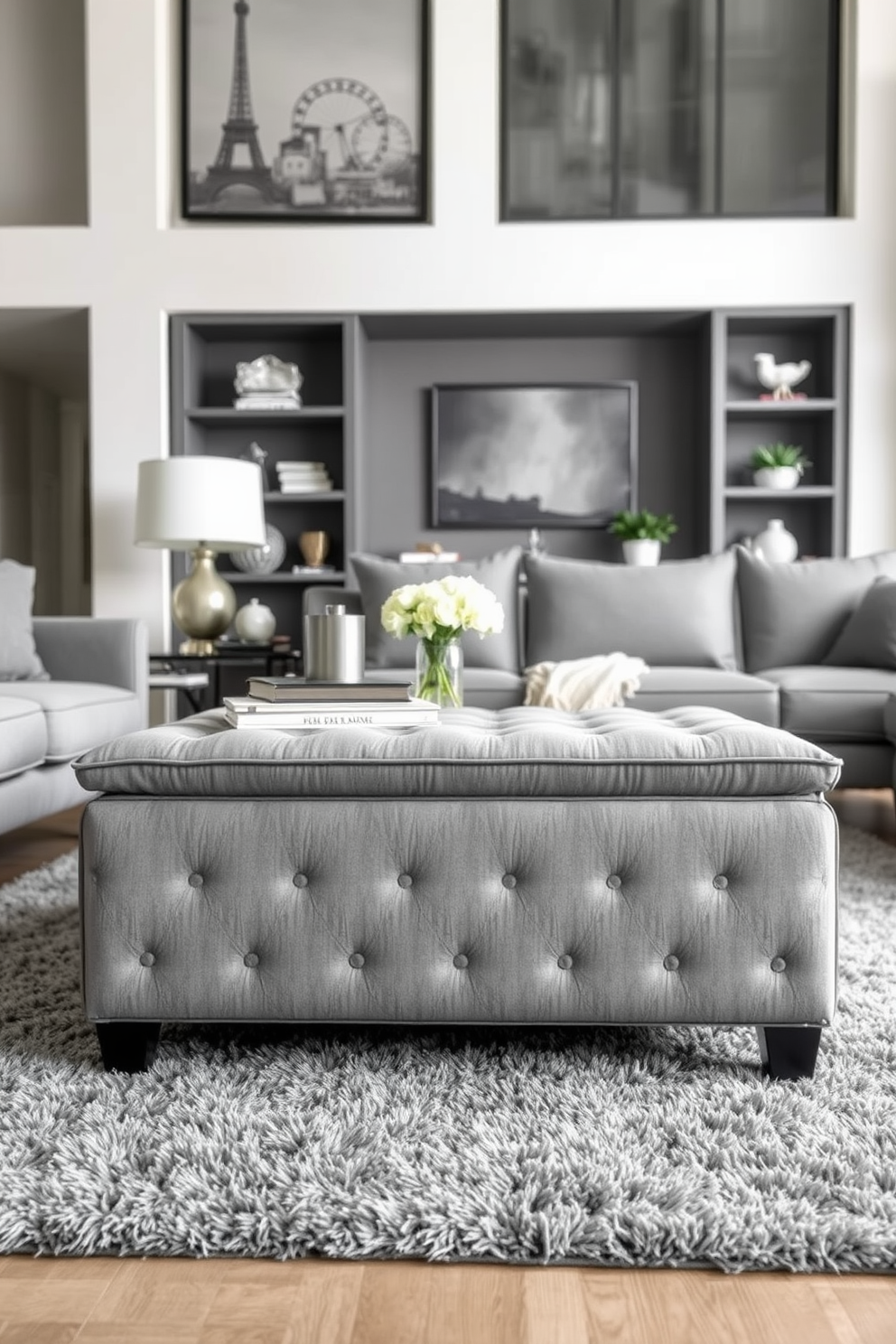 A stylish gray upholstered ottoman sits in the center of a modern living room, providing extra seating and a touch of elegance. The room features a harmonious blend of gray tones, with a plush area rug and contemporary furniture that complement the ottoman beautifully.