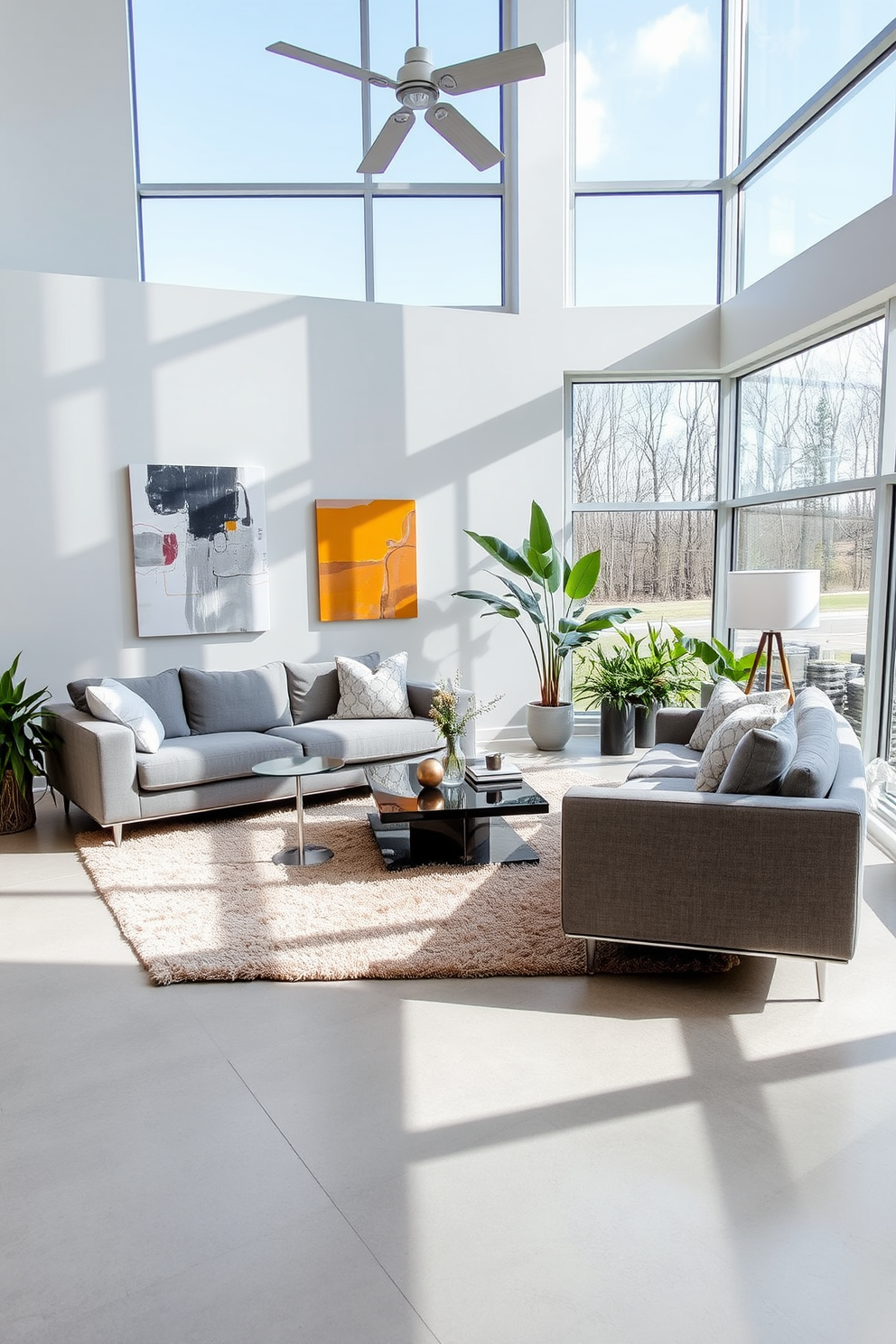 A spacious gray living room bathed in natural light features large windows that invite the outdoors in. Plush gray sofas are arranged around a sleek coffee table, creating an inviting area for relaxation and conversation. The walls are adorned with abstract art pieces that add a pop of color to the neutral palette. A cozy area rug anchors the seating arrangement, while indoor plants bring a touch of greenery to the modern aesthetic.