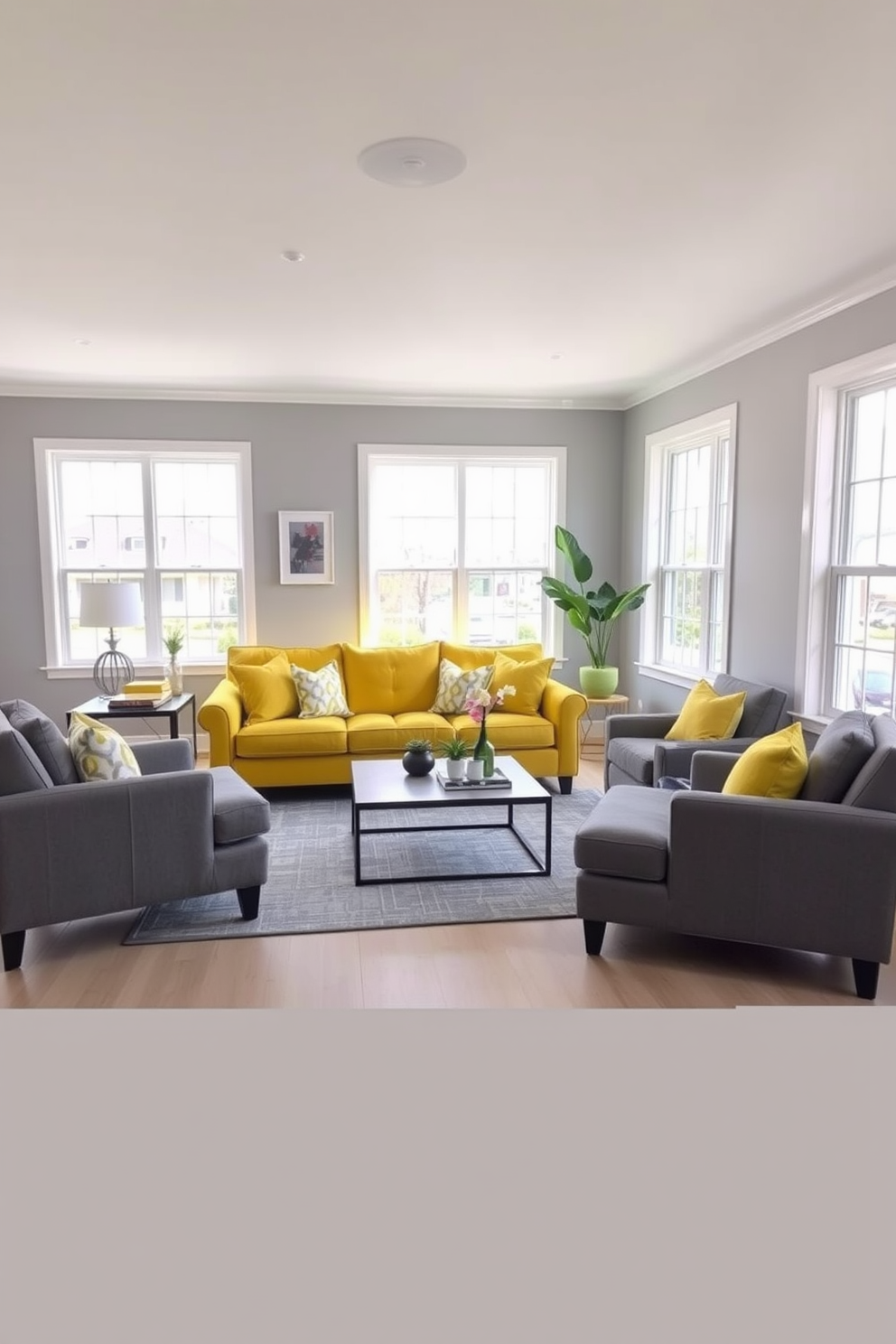 A bright and inviting living room featuring a gray and yellow color scheme. The walls are painted in a soft gray, while the furniture includes a plush yellow sofa paired with gray accent chairs. Large windows allow natural light to flood the space, enhancing the cheerful atmosphere. A stylish gray area rug anchors the seating area, complemented by yellow throw pillows and a modern coffee table.