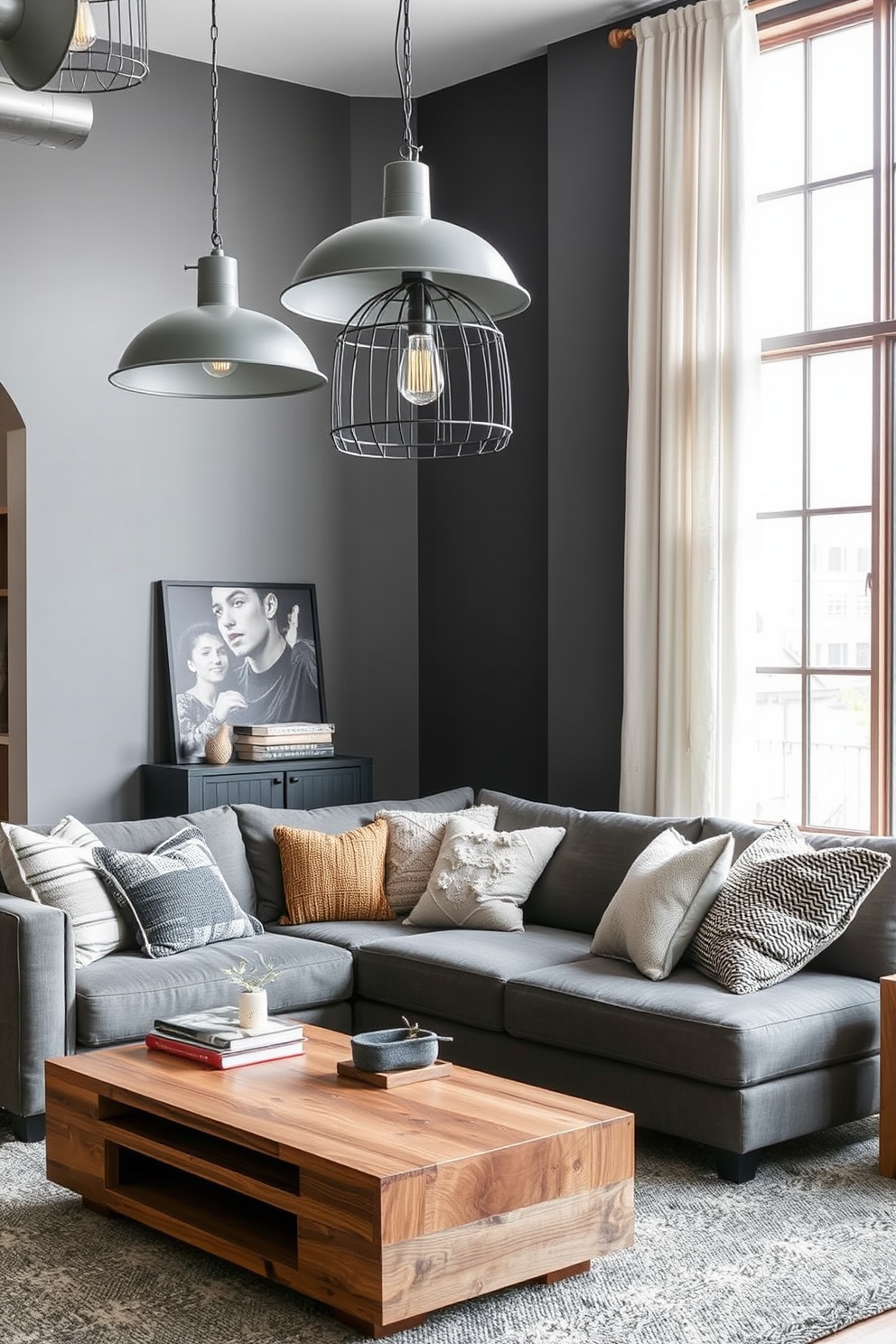 A stylish gray living room featuring industrial style gray metal light fixtures hanging from the ceiling. The space is adorned with a plush gray sofa, complemented by a mix of textured throw pillows and a sleek coffee table made of reclaimed wood.