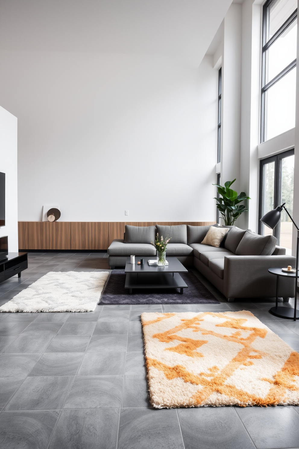 A modern living room featuring gray tile flooring adorned with soft area rugs in complementary colors. The space includes a plush sectional sofa, a sleek coffee table, and large windows allowing natural light to fill the room.