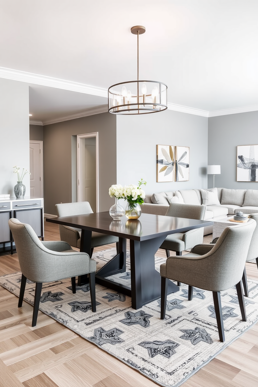 A stylish gray dining set is positioned in an open concept living area, featuring a sleek rectangular table surrounded by upholstered chairs. The space is illuminated by a modern chandelier, creating an inviting atmosphere for gatherings. The living room showcases a sophisticated gray color palette, with a plush sectional sofa adorned with decorative pillows. A contemporary coffee table sits atop a textured area rug, complemented by abstract artwork on the walls.