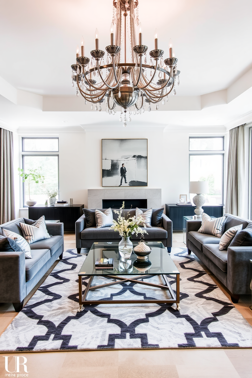 An elegant gray chandelier hangs majestically from the ceiling, casting a soft glow across the room. The living room features plush gray sofas arranged around a sleek glass coffee table, creating a cozy yet sophisticated atmosphere. Accent pillows in varying shades of gray and silver add texture and comfort to the seating area. A modern area rug with geometric patterns anchors the space, while large windows allow natural light to flood in, enhancing the overall elegance of the design.