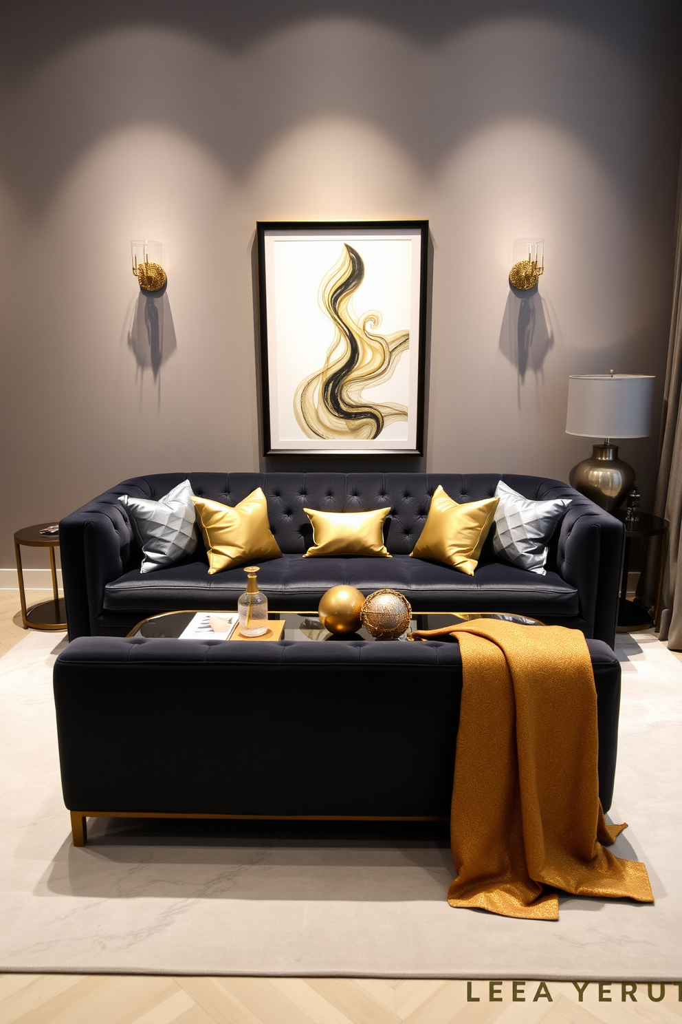 A modern living room featuring a charcoal gray sofa adorned with luxurious gold decorative accents. The space is complemented by a stylish coffee table and elegant artwork that enhances the sophisticated ambiance.