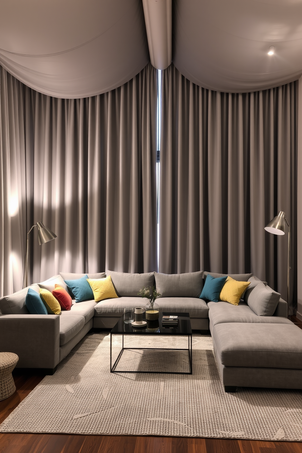 A gray living room featuring muted gray curtains that drape elegantly from ceiling to floor. The space is adorned with a plush gray sectional sofa, accented by colorful throw pillows that add warmth and contrast. A sleek coffee table sits in the center, complemented by a textured area rug that defines the seating area. Soft lighting from stylish floor lamps creates a cozy atmosphere, enhancing the overall sophistication of the room.