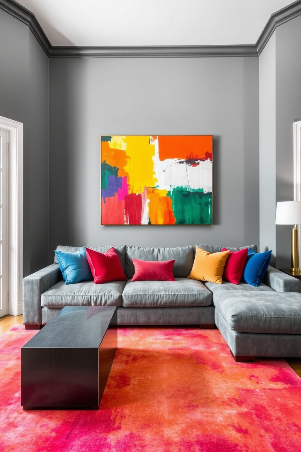 Bright artwork against gray painted walls. A large abstract painting in vibrant colors is the focal point of the room, drawing attention and adding energy to the space. The living room features a plush gray sectional sofa adorned with colorful throw pillows. A sleek coffee table sits in front, complemented by a vibrant area rug that ties the design together.