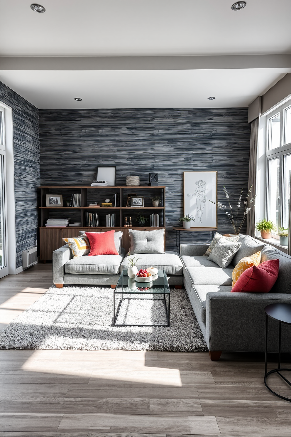 A modern gray living room featuring gray and white striped wallpaper that adds texture to the walls. The space includes a plush gray sectional sofa adorned with colorful throw pillows and a sleek glass coffee table at the center. Natural light pours in through large windows, illuminating a soft area rug that complements the color scheme. A minimalist bookshelf filled with curated decor and plants adds a touch of personality to the room.