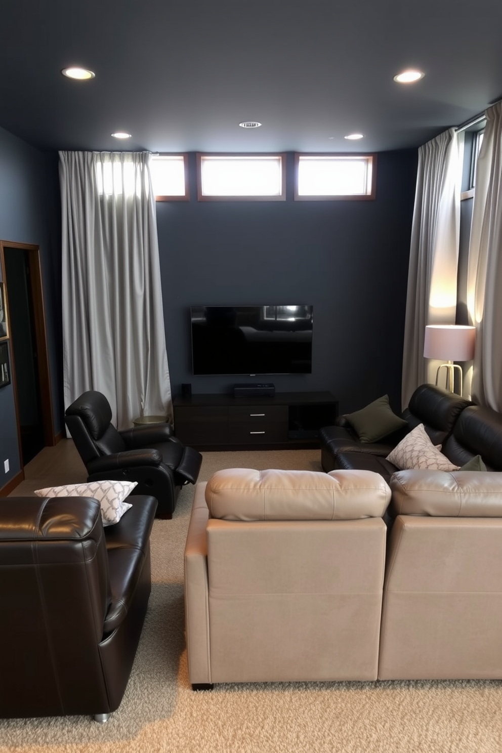 A cozy man cave featuring light gray curtains that softly diffuse natural light. The space is designed with a mix of comfortable seating, including a plush sectional and leather recliners, creating an inviting atmosphere. The walls are painted in a deep charcoal gray, complemented by warm wood accents throughout. A large flat-screen TV is mounted above a sleek media console, while ambient lighting enhances the relaxed vibe of the room.