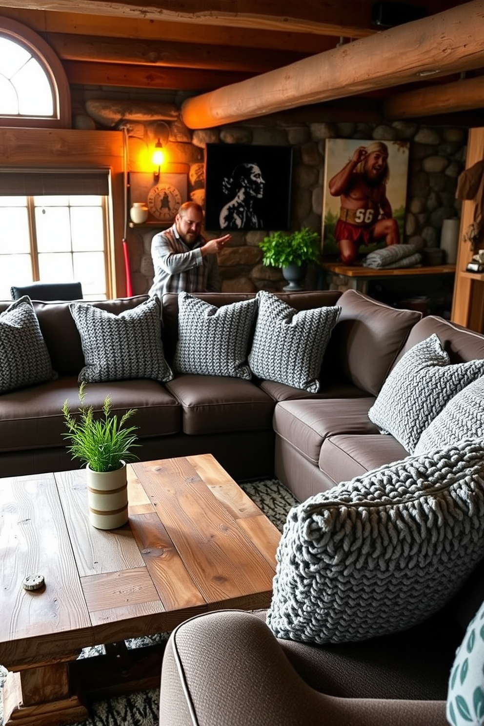 A cozy man cave featuring textured gray throw pillows that enhance comfort and style. The space includes a large sectional sofa, a rustic wooden coffee table, and ambient lighting to create a warm atmosphere.