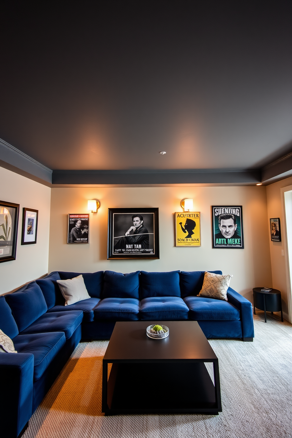 A stylish man cave featuring a gray-painted ceiling that adds a unique touch to the overall ambiance. The space is furnished with a plush sectional sofa in deep blue, complemented by a sleek, modern coffee table at the center. The walls are adorned with framed artwork and vintage posters that reflect personal interests. Ambient lighting fixtures create a warm glow, enhancing the cozy atmosphere perfect for relaxation and entertainment.