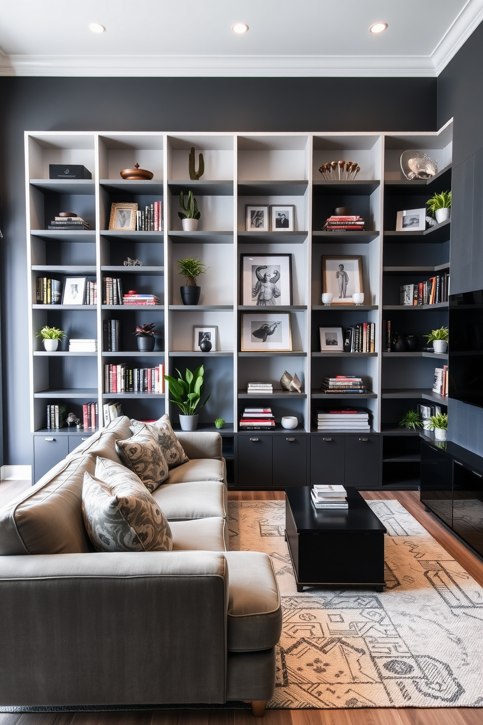 A stylish man cave featuring open shelving with gray accents. The shelves are filled with books, decorative items, and a few potted plants, creating a cozy yet modern atmosphere. The walls are painted in a deep charcoal gray, contrasting with the lighter gray of the shelves. A plush sectional sofa in a complementary shade sits in the center, accompanied by a sleek coffee table and a large flat-screen TV mounted on the wall.