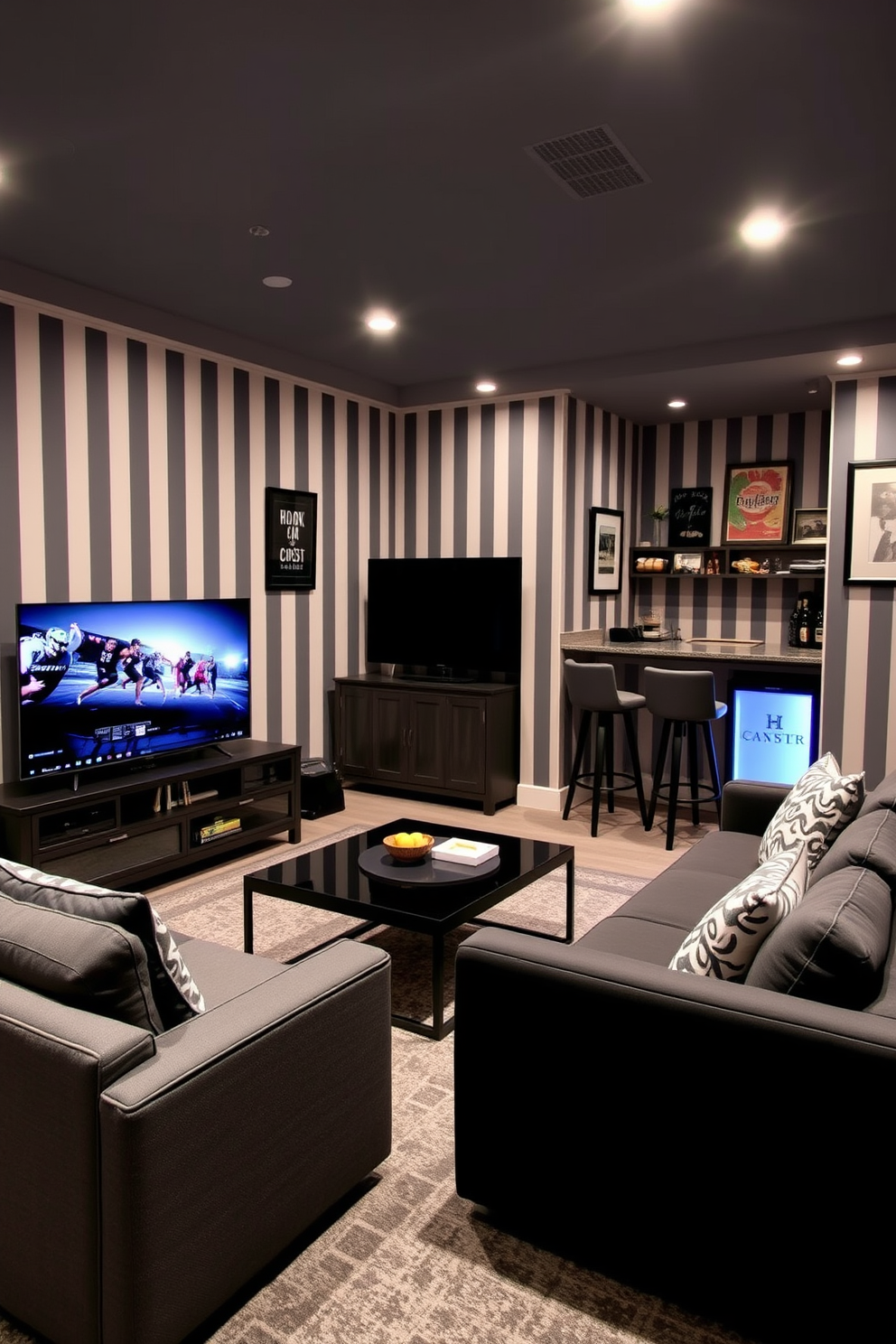 A modern man cave featuring gray and white striped wallpaper that adds a touch of sophistication. The room is furnished with a plush sectional sofa in a deep gray fabric, paired with a sleek black coffee table and an entertainment unit for a large flat-screen TV. In one corner, a stylish bar area is equipped with high stools and a mini-fridge, perfect for entertaining guests. Soft ambient lighting creates a cozy atmosphere, while a few framed sports memorabilia pieces adorn the walls, adding a personal touch to the space.