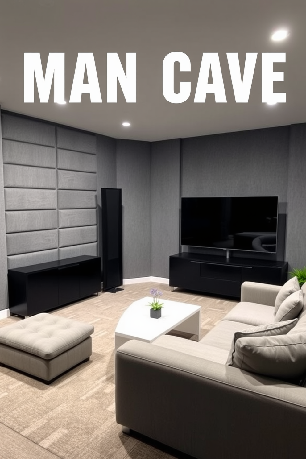 A stylish man cave featuring gray acoustic panels on the walls for optimal soundproofing. The space includes a plush sectional sofa, a sleek coffee table, and a large flat-screen TV mounted above a modern entertainment unit.