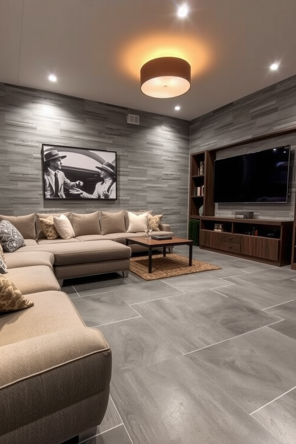 A stylish man cave featuring gray tile flooring that exudes a modern aesthetic. The space is equipped with a plush sectional sofa and a sleek entertainment center, creating an inviting atmosphere for relaxation and entertainment.