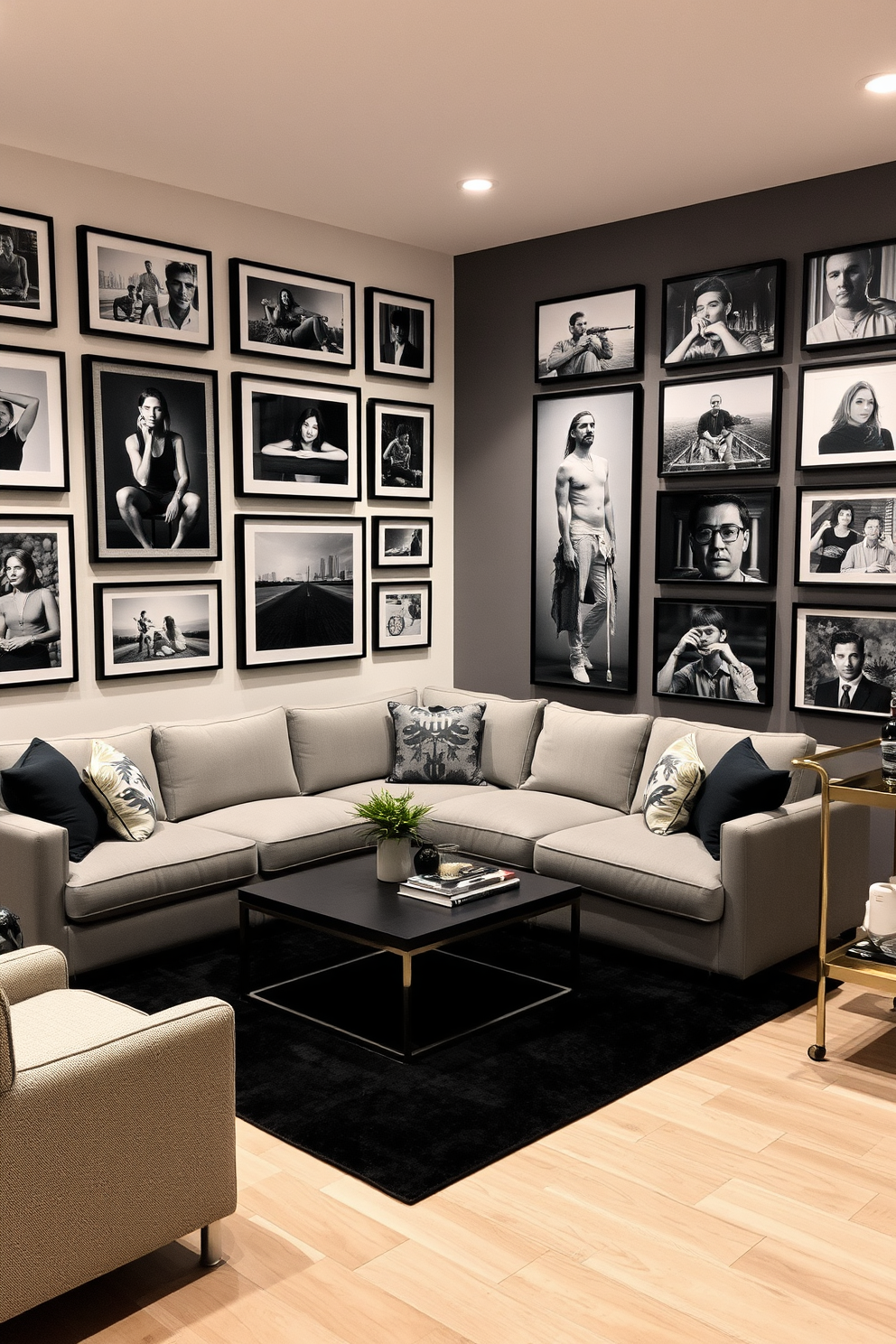 A stylish man cave featuring framed black and white photos arranged in a gallery style on the walls. The room is accented with a plush gray sectional sofa and a sleek coffee table, creating a cozy yet sophisticated atmosphere. Soft ambient lighting illuminates the space, highlighting the artwork and enhancing the overall mood. A dark area rug anchors the seating area, while a bar cart in the corner adds a touch of elegance and functionality.