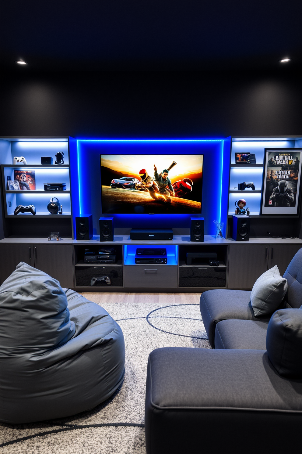 A sleek gray gaming console setup features a modern entertainment unit with a large flat-screen TV mounted on the wall. The console is neatly organized with gaming accessories and a stylish sound system, complemented by ambient LED lighting that enhances the atmosphere. The gray man cave design incorporates plush seating with oversized bean bags and a sectional sofa for comfort. Dark gray walls create a cozy environment, while framed artwork and gaming posters add a personal touch to the space.