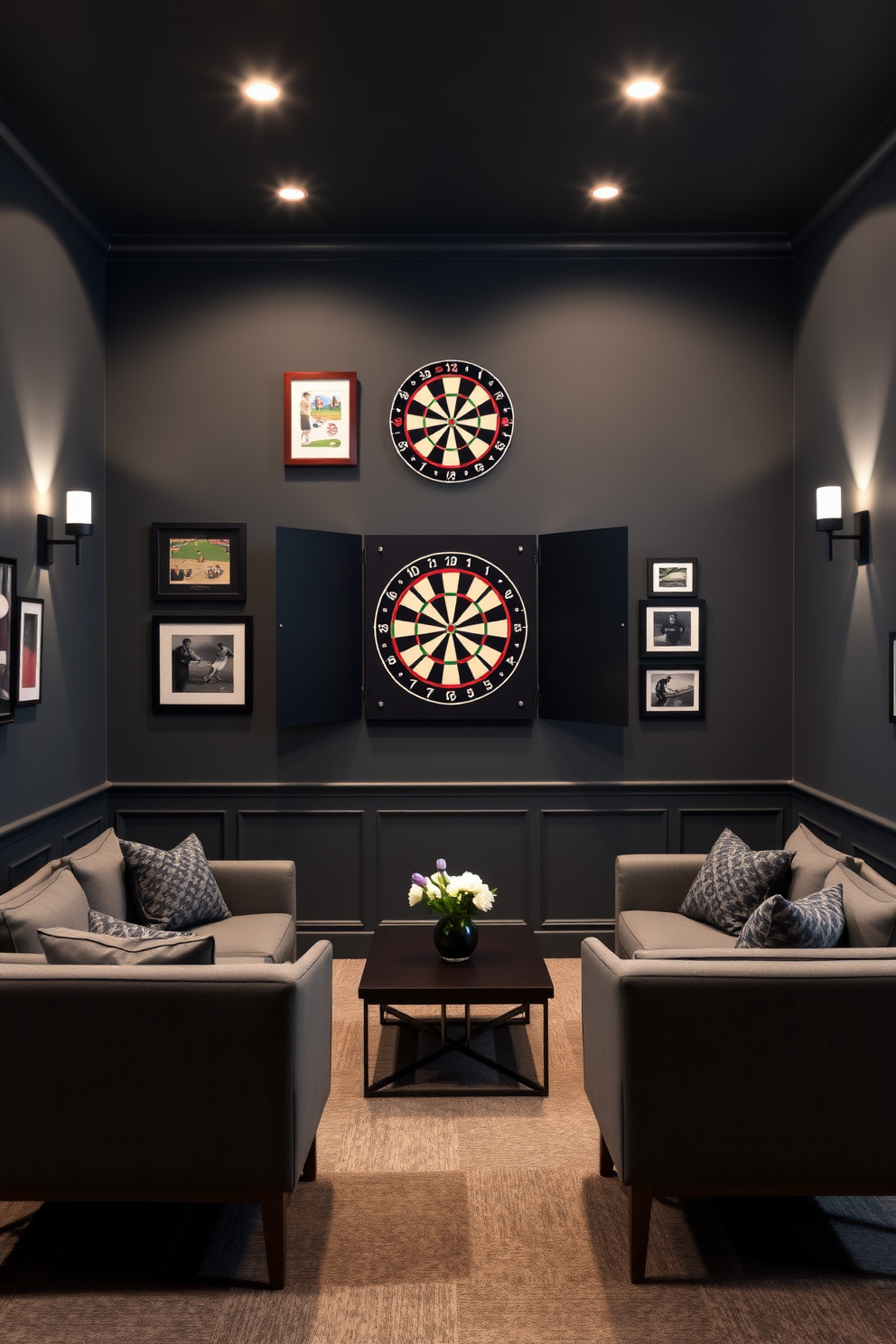 A stylish gray-themed dartboard area designed for fun and relaxation. The walls are painted in a deep charcoal gray, with a sleek dartboard mounted at eye level, surrounded by framed sports memorabilia. Comfortable seating is arranged around a low coffee table, featuring plush gray sofas and modern accent chairs. Ambient lighting from stylish wall sconces creates a cozy atmosphere, perfect for entertaining friends.