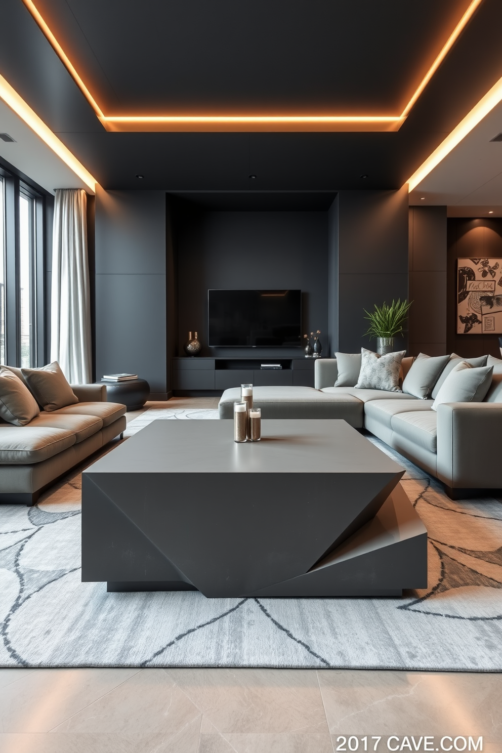 A minimalist gray coffee table design features clean lines and a simple geometric shape. The table is made of sleek concrete with a matte finish, surrounded by plush neutral-toned seating. The gray man cave design incorporates dark walls and ambient lighting for a cozy atmosphere. A large sectional sofa faces a modern entertainment center, while a stylish rug anchors the space.