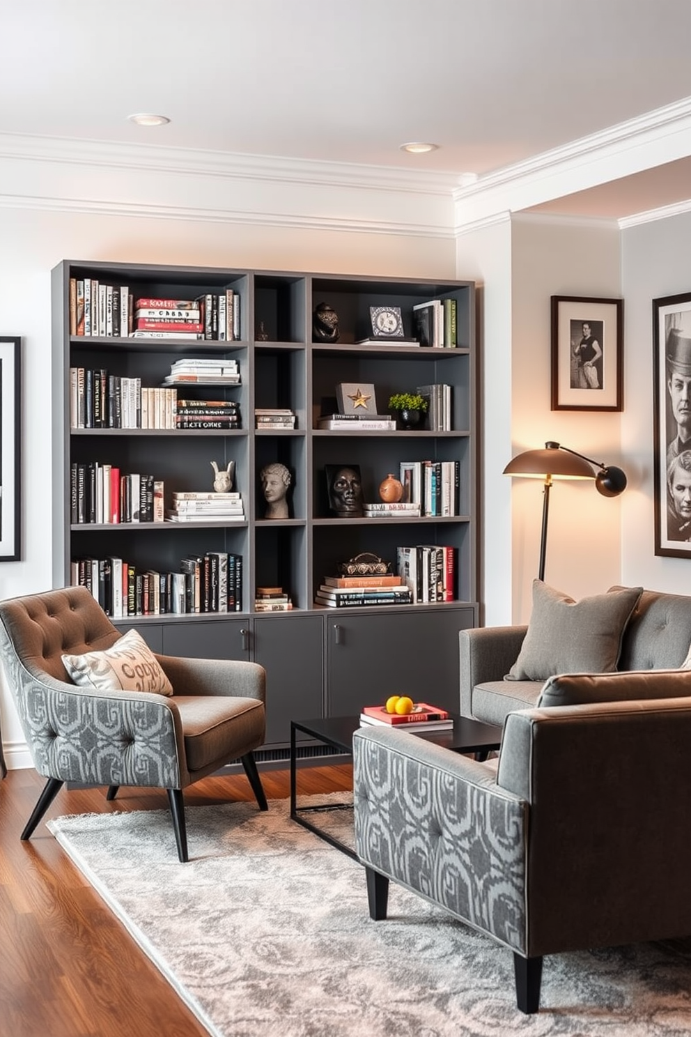 A stylish gray bookcase stands against the wall, featuring multiple shelves filled with a curated selection of books and decorative items. The bookcase is complemented by a cozy seating area with a plush gray sofa and a sleek coffee table, creating an inviting atmosphere for relaxation. In the corner of the room, a stylish gray accent chair adds a pop of texture, while warm lighting from a modern floor lamp enhances the overall ambiance. The walls are adorned with framed artwork, and a soft area rug anchors the space, making it a perfect man cave retreat.