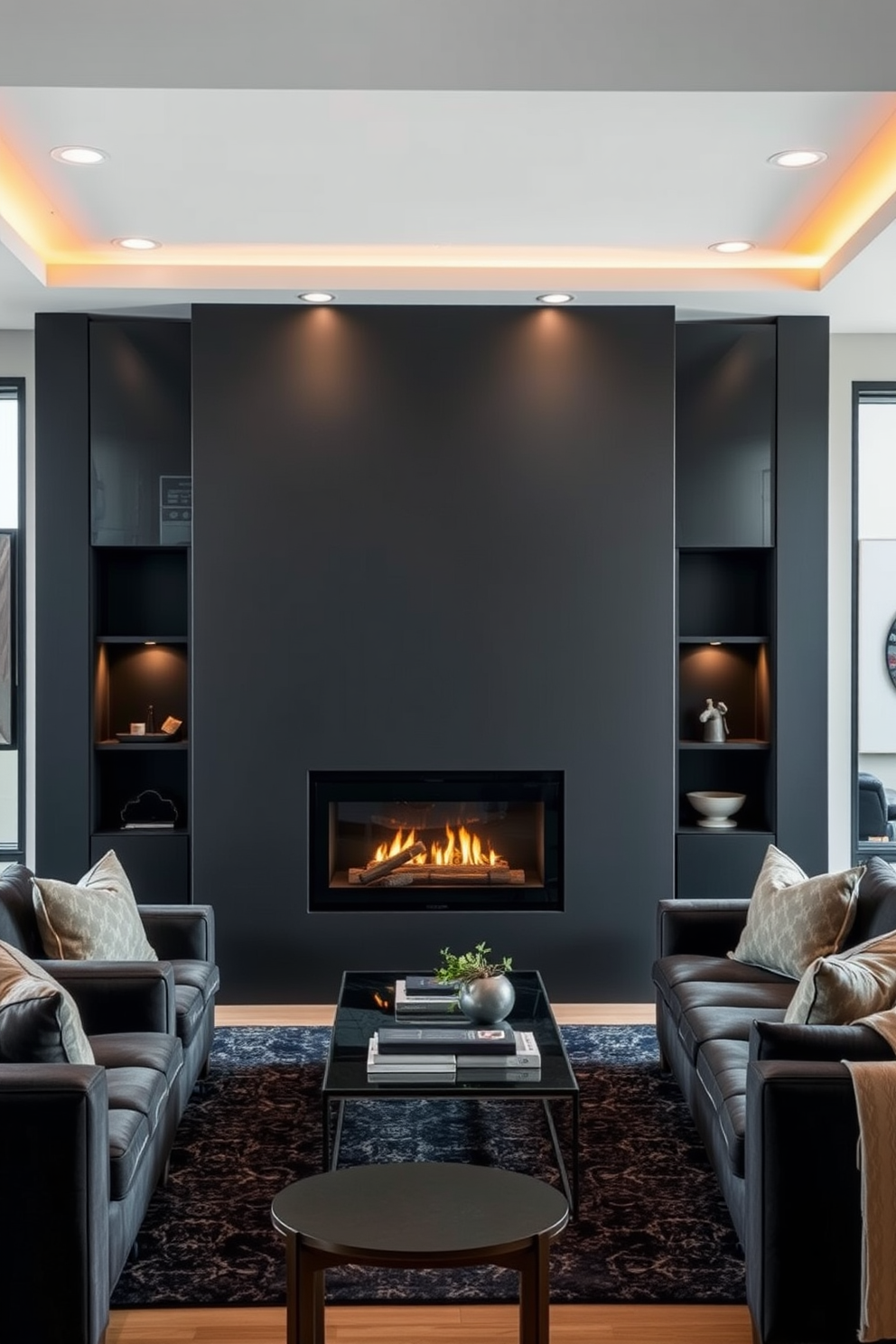 A dark gray fireplace serves as the stunning focal point of the man cave, surrounded by sleek, modern furnishings. The space features plush seating in deep tones and warm accent lighting to create an inviting atmosphere.