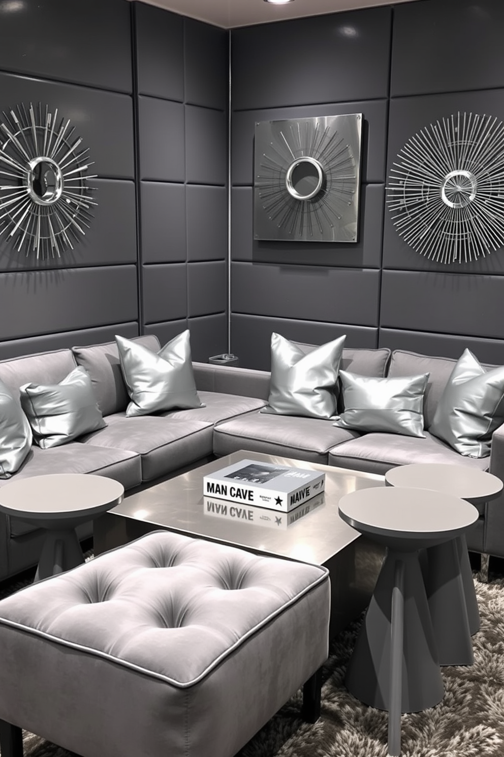 A stylish man cave featuring gray and silver metallic decor items. The space includes a plush gray sectional sofa paired with silver accent pillows, creating a cozy yet modern atmosphere. On the walls, sleek gray panels are complemented by metallic art pieces that add a touch of sophistication. A silver coffee table sits in the center, surrounded by unique gray side tables, enhancing the overall design.